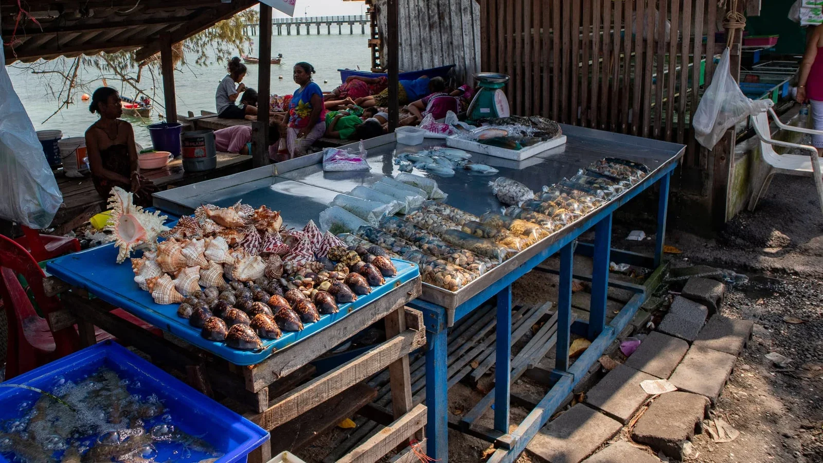 Стол с раковинами и морепродуктами на льду, позади видны море и длинный Раваи-Пирс в Раваи на Пхукете